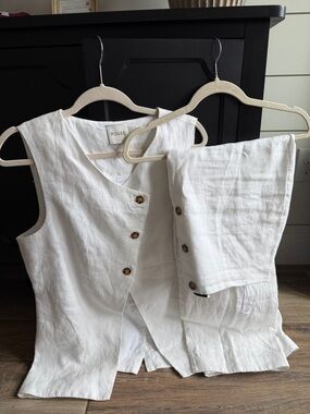 Posse White Sleeveless Linen Button-Front Tunic and midi skirt set Large
